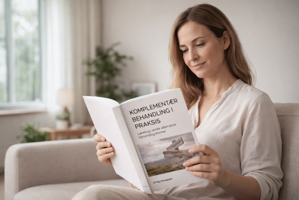 kvinde læser bogen komplementær behandling i praksis