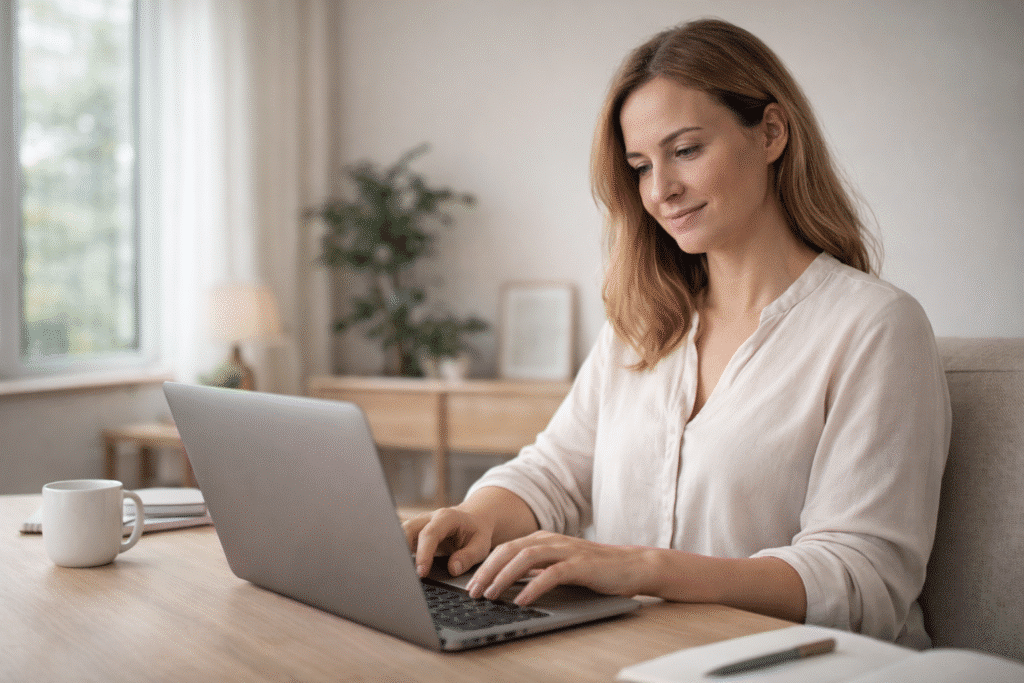 kvinde sidder foran pc og studerer faget andre alternative behandlingsformer