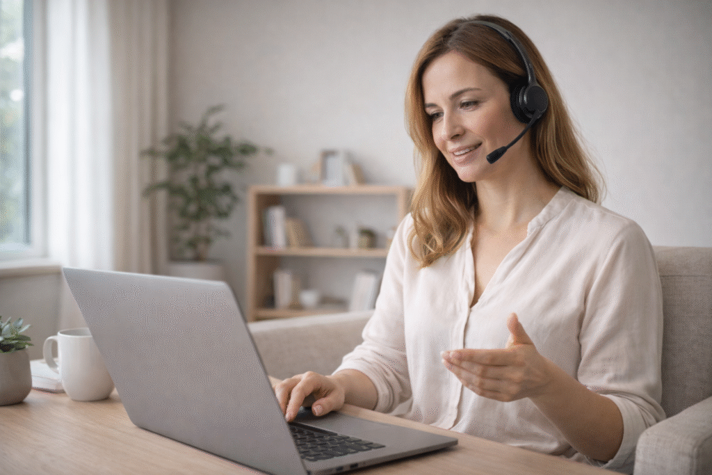 kvinde tager kursus i præsentation af andre alternative behandlingsformer og taler med sin underviser gennem sit headset