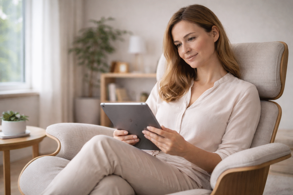 kvindelig studerende kigger på tablet og læser faget præsentation af andre alternative behandlingsformer