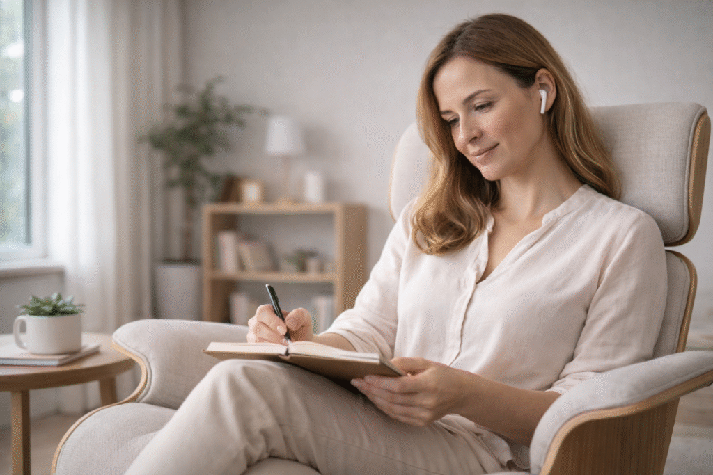 kvinde tager notater men hun lytter til sin e-bog i komplementær behandling i praksis