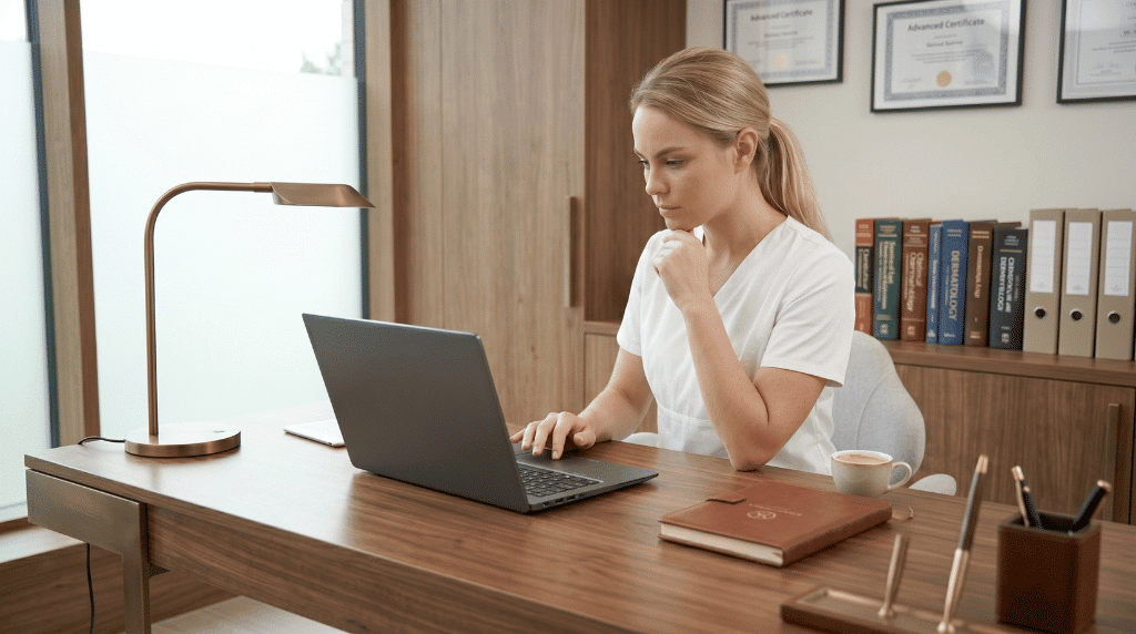 Studerende i hvid klinikuniform fordyber sig i online teori på sin computer. Det stærke sundhedsfaglige fundament sikrer et højt læringsudbytte på Innowells professionelle vokskursus.