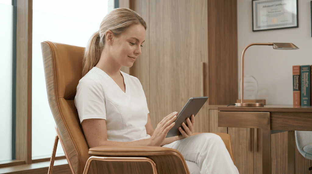 Smilende studerende i hvid klinikuniform sidder afslappet i en lænestol og gennemgår sine teoretiske moduler på en tablet. Fuld adgang til fleksibelt læringsindhold på Innowells online vokskursus.
